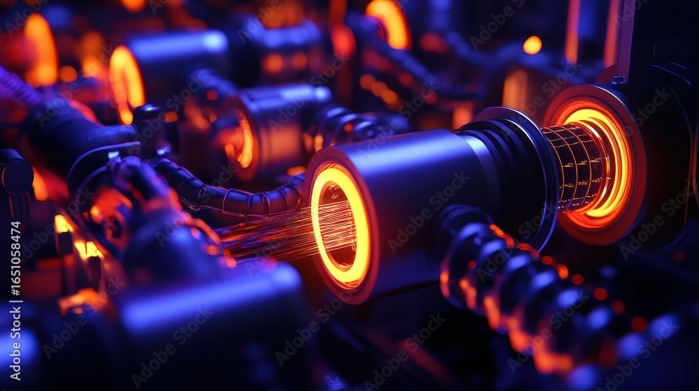 Poster vibrant close-up of advanced industrial machinery with glowing components and intricate wiring in a 