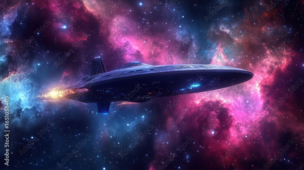 Poster futuristic spaceship flying through colorful cosmic nebula in deep space with bright stars and vibra