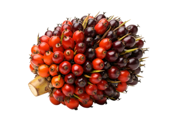 Colorful cluster of red and purple berries with green stems on black background