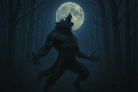 A dark Halloween night illustration with a spooky warewolf howling at the moon 