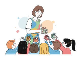 Teacher and Students with Gifts: A heartwarming illustration captures a kind teacher exchanging gifts with students, highlighting generosity and appreciation within the classroom.