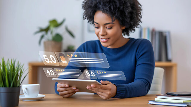 Excellent service rating concept. Happy African American woman leaving a positive five-star review online using a digital tablet with a holographic interface.