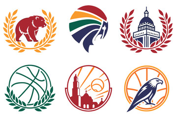 Collection of six diverse logos and symbols with a white background