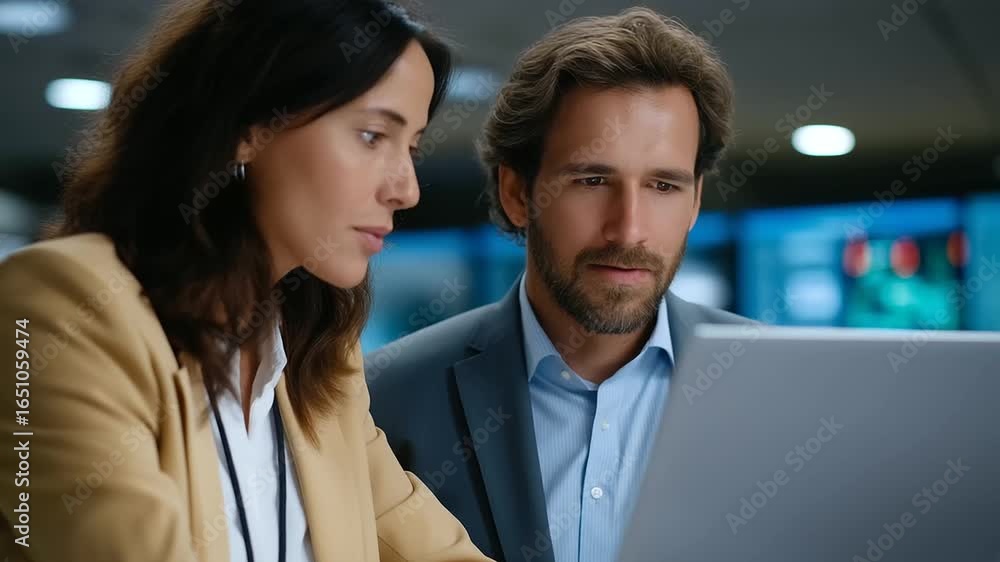 Poster project manager and engineer work together in a high-tech telecom monitoring center.