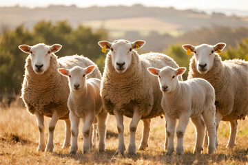 Fototapeta premium Five sheep standing on sunny green meadow with blurred trees and distant hills, white and light brown wool, yellow ear tags, adult and baby lambs looking forward