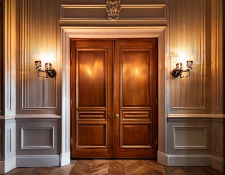 elegant wooden double doors illuminated by warm wall sconces in classic interior suggesting mystery invitation or luxury behind the entrance