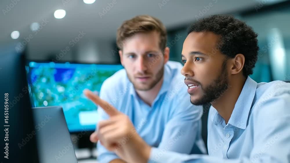 Poster a project manager and engineer work together on a telecom data presentation.