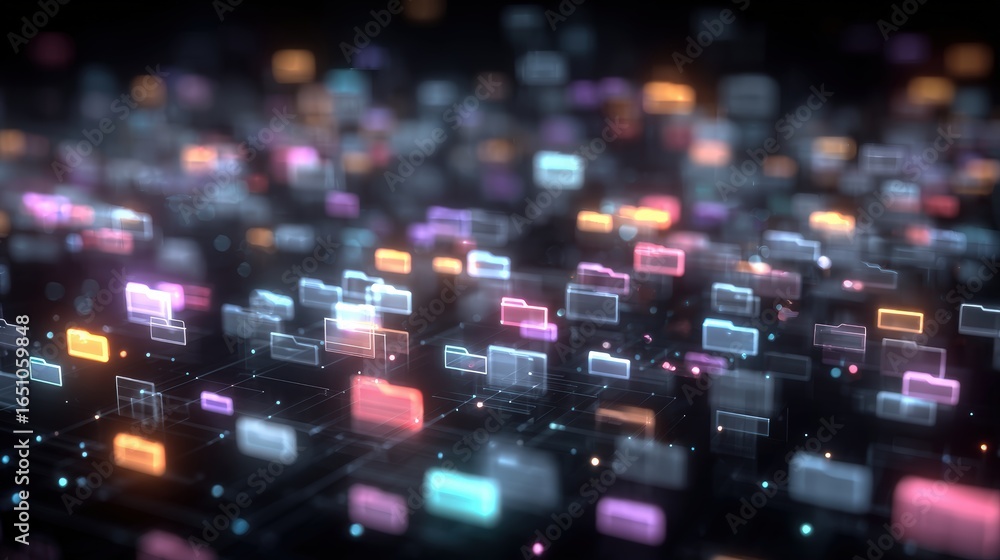 Poster abstract network grid with files and folders, futuristic software interface, digital document manage