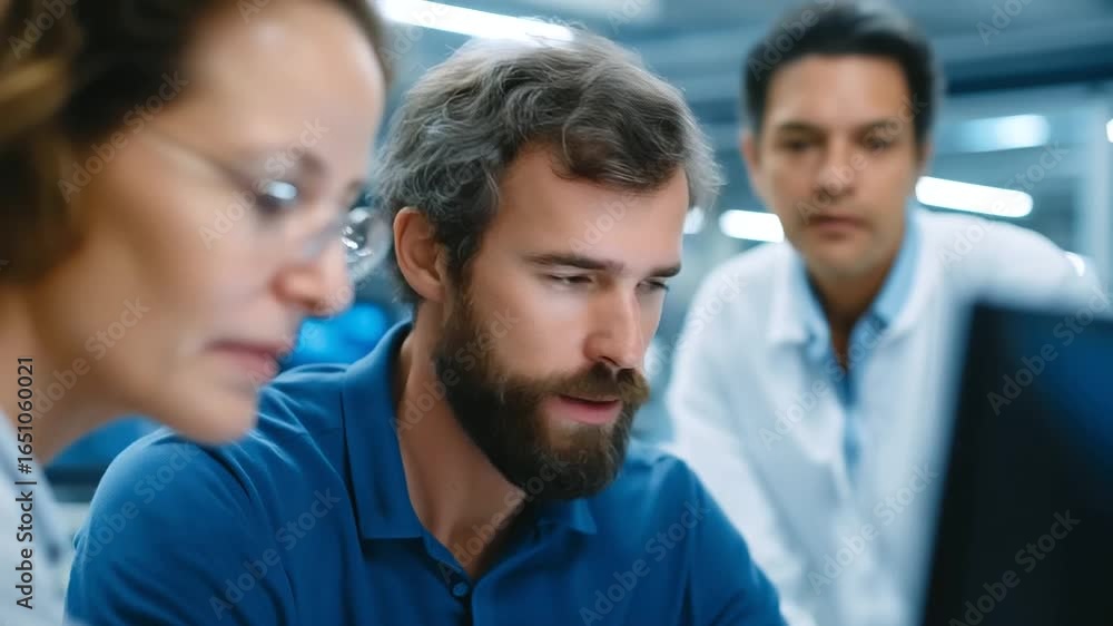Poster cutting-edge quantum computer research taking place in a high-tech industrial lab setting.