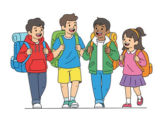 Adventure Awaits: Four smiling children, each shouldering a backpack, stride confidently toward a shared adventure, symbolizing friendship, exploration, and youthful exuberance. 