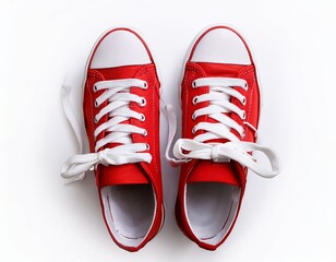 a pair of red canvas sneakers with white laces seen from above on a white or clear surface white background