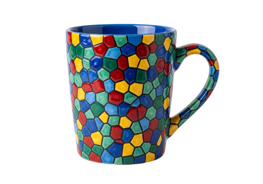 Colorful mosaic-patterned ceramic mug with vibrant geometric design on a black background