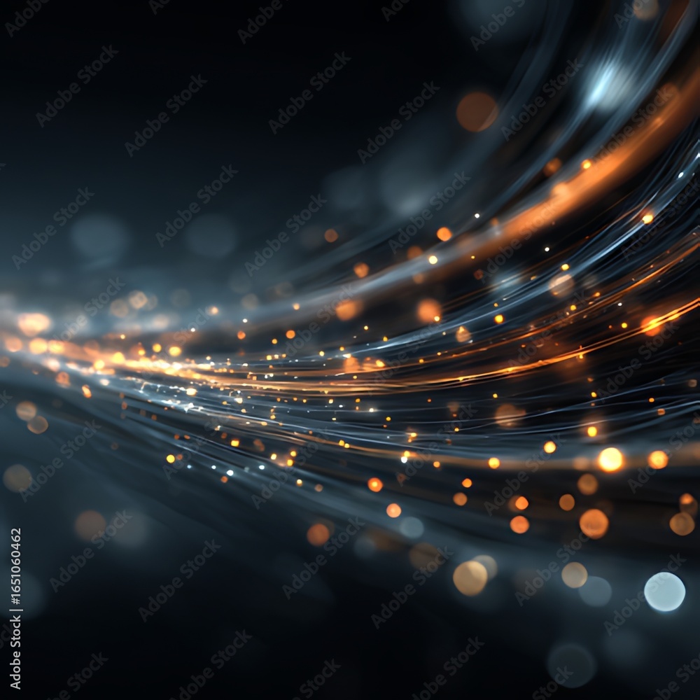 Poster Abstract glowing lines and particles on dark background with bokeh effect