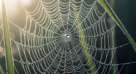 Macro Shot of Ornate Spiderweb Glistening with Dewdrops in Morning Sunlight