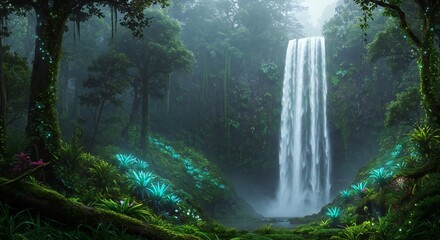 Serene Waterfall Oasis Tranquil cascade in the lush, misty rainforest with glowing flora under a canopy of green, creating a peaceful scene.