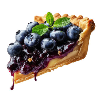 Slice of New England blueberry pie topped with fresh berries and mint leaves, isolated on white transparent background, concept of American dessert