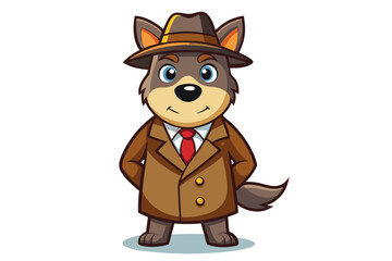Funny cartoon illustration of a detective dog wearing a green coat and brown hat, holding a magnifying glass over one eye with a curious expression.