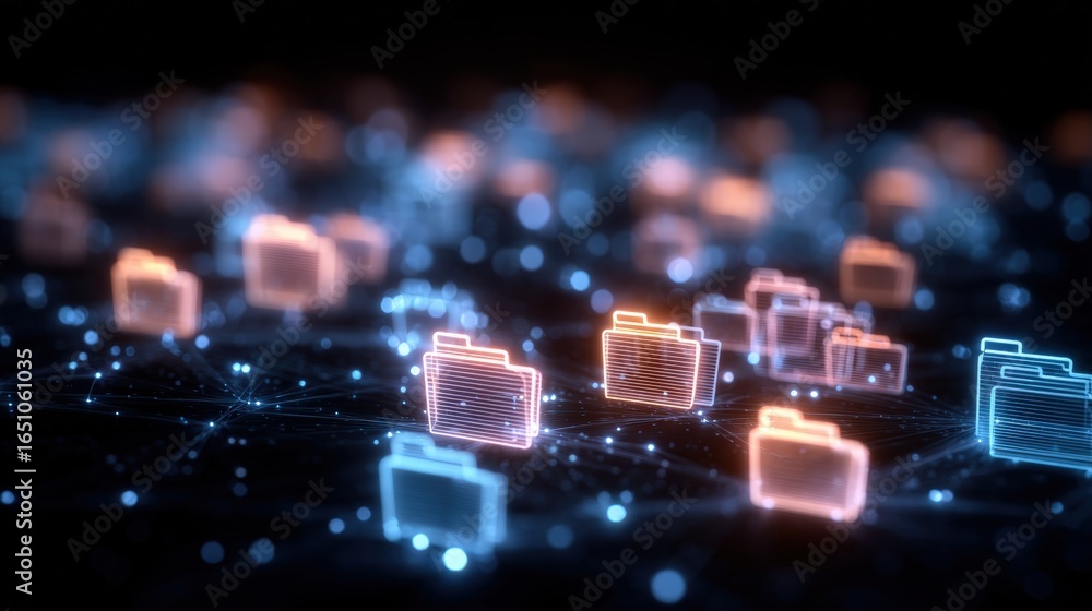 Poster abstract network grid with files and folders, futuristic software interface, digital document manage