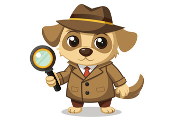 Funny cartoon illustration of a detective dog wearing a green coat and brown hat, holding a magnifying glass over one eye with a curious expression.