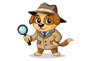 Funny cartoon illustration of a detective dog wearing a green coat and brown hat, holding a magnifying glass over one eye with a curious expression.