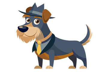 Funny cartoon illustration of a detective dog wearing a green coat and brown hat, holding a magnifying glass over one eye with a curious expression.