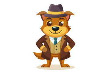 Funny cartoon illustration of a detective dog wearing a green coat and brown hat, holding a magnifying glass over one eye with a curious expression.