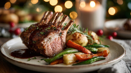 Gourmet rack of lamb dinner with roasted vegetables and festive lights
