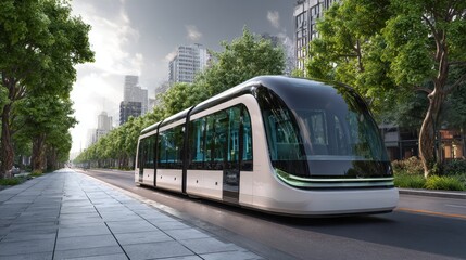 Obraz premium Autonomous electric tram on city street, eco-friendly transport