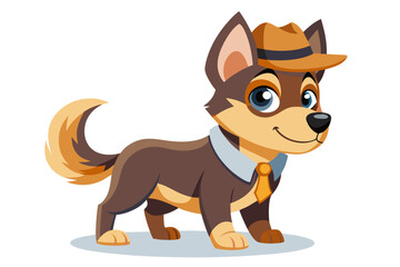 Funny cartoon illustration of a detective dog wearing a green coat and brown hat, holding a magnifying glass over one eye with a curious expression.