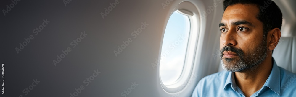 Poster thoughtful man sitting by airplane window with blank copyspace on left side for design and advertisi