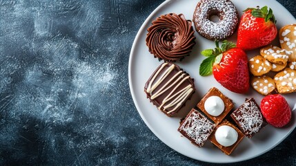 A plate of assorted pastries and fruits on a dark, textured surface.