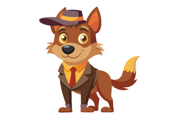 Funny cartoon illustration of a detective dog wearing a green coat and brown hat, holding a magnifying glass over one eye with a curious expression.