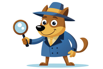 Funny cartoon illustration of a detective dog wearing a green coat and brown hat, holding a magnifying glass over one eye with a curious expression.