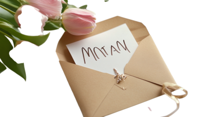 • A handwritten letter to mom inside an envelope for Mother’s Day, isolated on white background in HD 