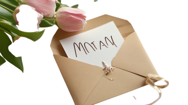 • A handwritten letter to mom inside an envelope for Mother’s Day, isolated on white background in HD  - Powered by Adobe