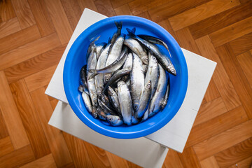 Blue bowl filled with fish is on a wooden table. The fish are small and silver, and they are...