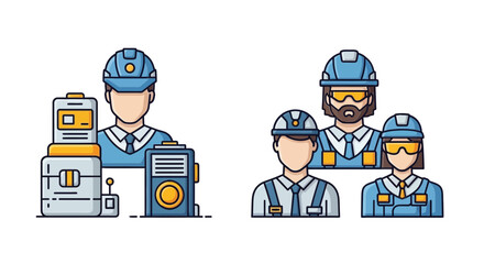 Industrial Workers Team Icons with Hard Hats and Equipment