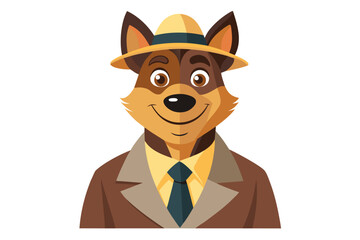 Funny cartoon illustration of a detective dog wearing a green coat and brown hat, holding a magnifying glass over one eye with a curious expression.