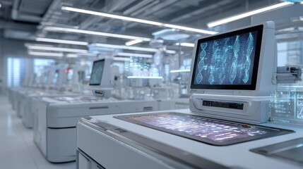 Futuristic lab DNA research, monitors display data, sterile environment, scientific progress