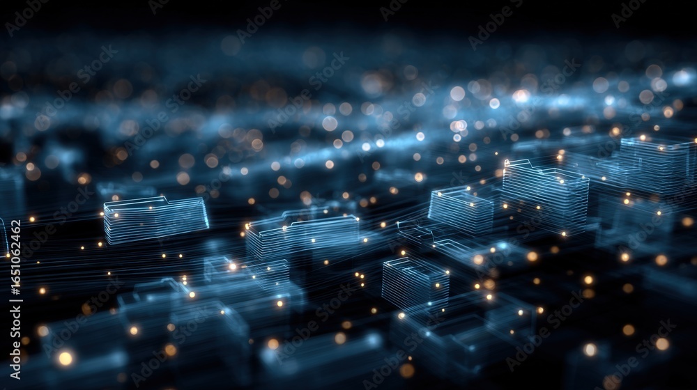 Poster abstract network grid with files and folders, futuristic software interface, digital document manage