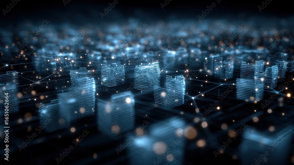 Poster abstract network grid with files and folders, futuristic software interface, digital document manage