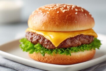 Juicy cheeseburger with fresh lettuce and melted cheese on sesam