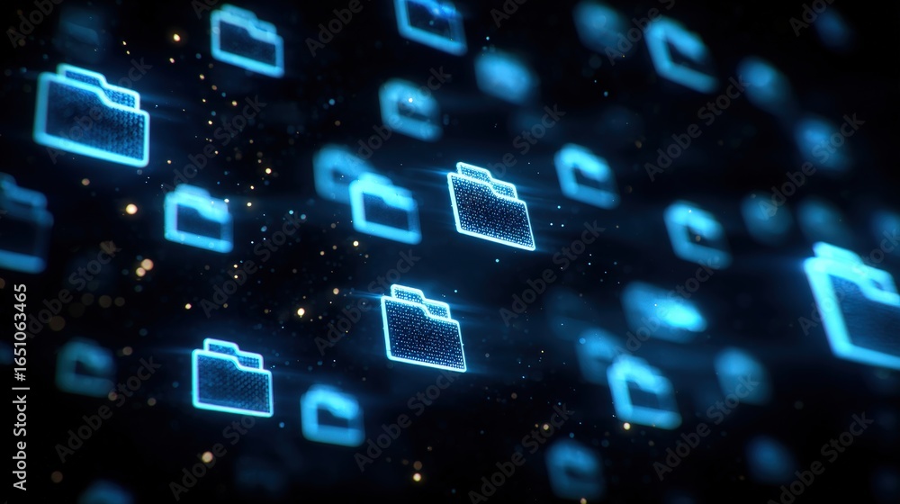 Poster abstract network grid with files and folders, futuristic software interface, digital document manage