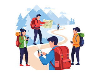 Adventurers on the trail: A vibrant illustration portrays a diverse group of adventurers, embarking on a journey amidst snowy mountains, with a focus on technology and map-reading. 