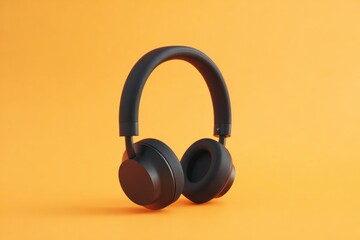 Naklejka premium Stylish black headphones resting on vibrant orange background, s