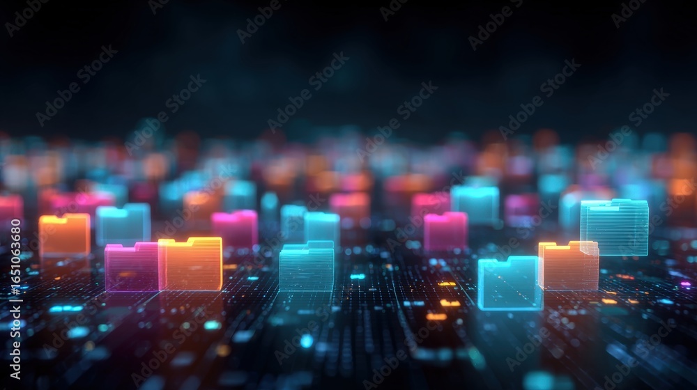 Poster abstract network grid with files and folders, futuristic software interface, digital document manage