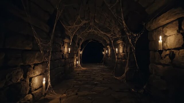 POV shot moving slowly through a creepy, candlelit stone dungeon or crypt corridor covered in thick, ancient cobwebs.