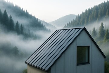 Minimalist modern house with metal roof surrounded by misty forested mountains in serene morning light atmosphere. Ai generative. Ai generative