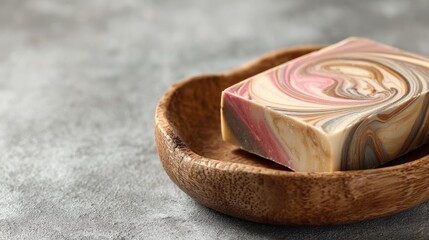 Colorful Swirled Soap Bar on Wooden Dish with Gray Background