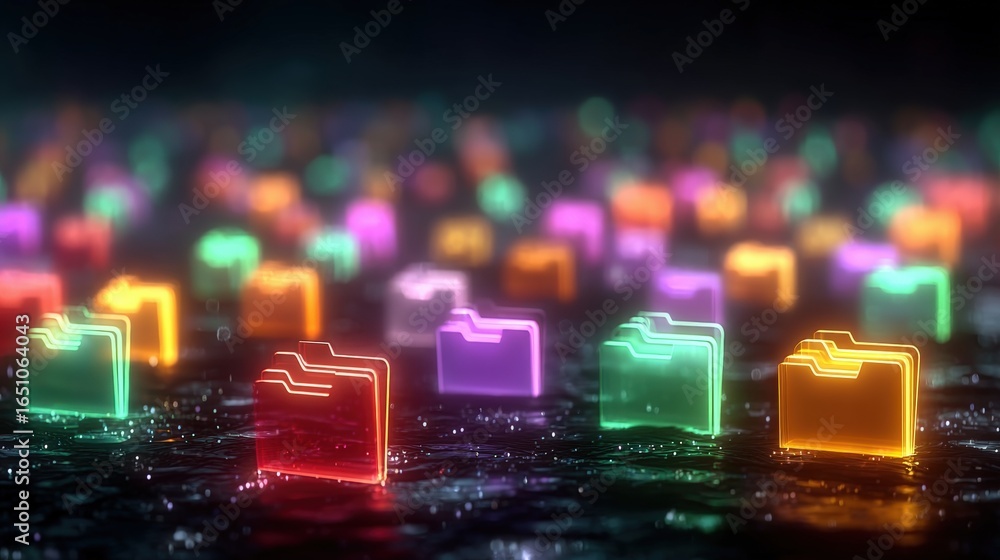 Poster abstract network grid with files and folders, futuristic software interface, digital document manage